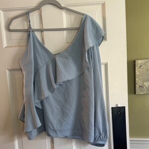 One sleeve Light Blue Ruffle Womens Top